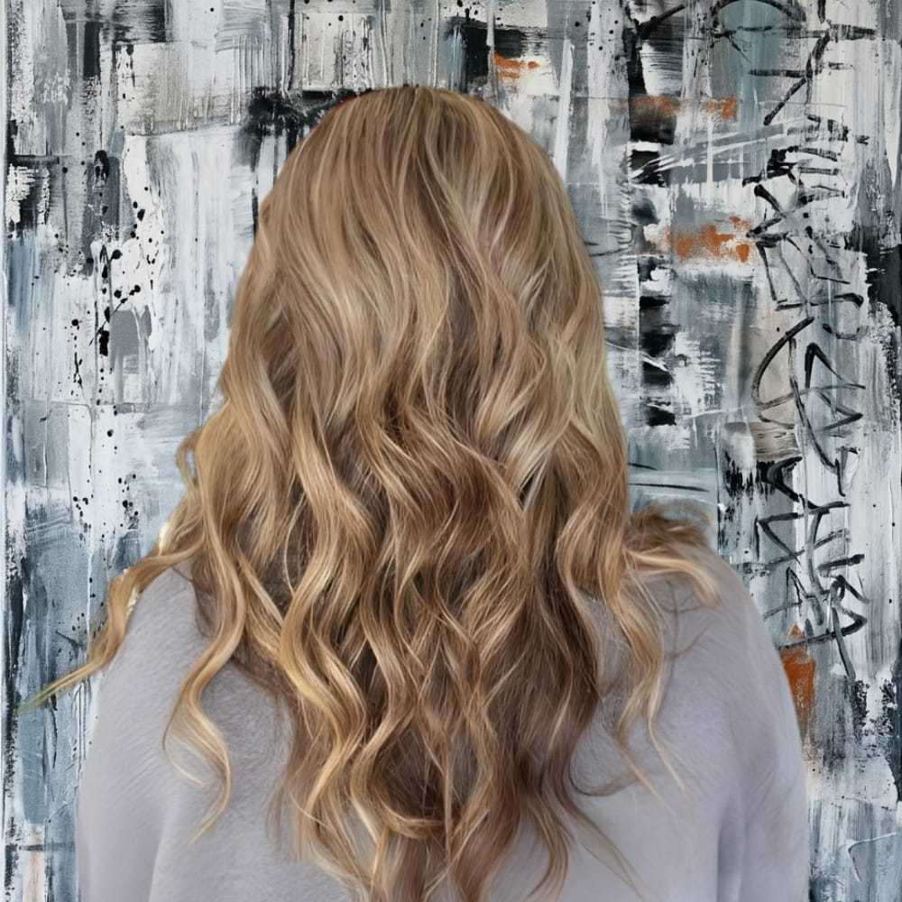 Back view of wavy blonde hair against an abstract art backdrop.